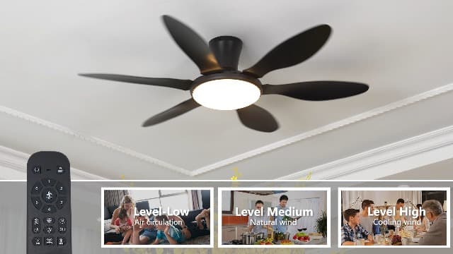 Ceiling Fans with Lights, 51 inch Modern Black Low Profile Ceiling Fan with Light and Remote App Control, Flush Mount, Quiet DC Reversible, Dim Led Ceiling Fan 6 Blade Softer Wind Indoor/Outdoor Patio