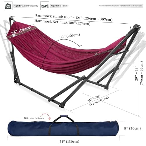 Tranquillo Double Hammock with Stand Included for 2 Persons/Foldable Hammock Stand 600 lbs Capacity Portable Case - Inhouse, Outdoor, Camping, Red