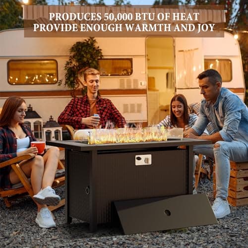 Walsunny 45 inch Outdoor Propane Fire Pit 50,000 BTU Gas Fire Pit Table with Lid, Glass Wind Guard, Waterproof Cover, Rectangle Gas Firepit Table for Garden/Patio, CSA Certification