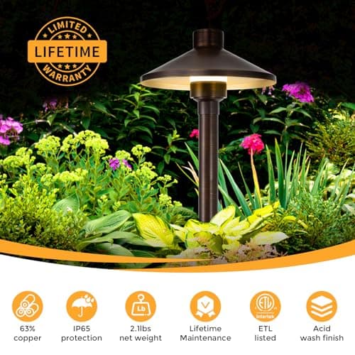 Gardencoin Solid Brass Low Voltage Pathway Lights (6.7'' Shade, 21.9'' Tall), 12V AC/DC Heavy Duty LED Landscape Path Lights Outdoor Wired, Antique Bronze Walkway Lights with Larger Stake, 4-Pack