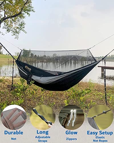 Sunyear Hammock Camping with Rain Fly Tarp and Net, Portable Camping Hammock Double Tree Hammock Outdoor Indoor Backpacking Travel & Survival, 2 Tree Straps,100% Waterproof