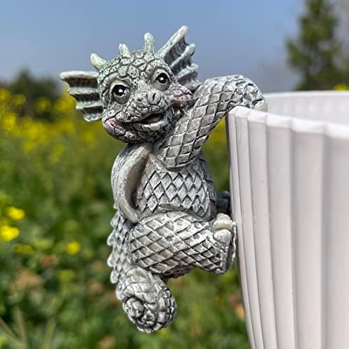 4 PCS Cute Dragon Figurines, Hanging Animal Statue for Planter Pot, Resin Climbing Sculpture Flower Pot and Vase Hugger for Patio Lawn Yard Ornaments