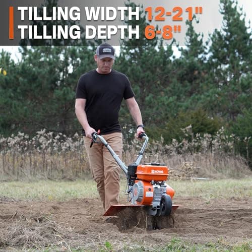 NOVUS 21-Inch Gas Tiller for Gardening, 212cc Front Tine Tiller Cultivator, 4-Cycle Engine with Toolless Adjustable Tilling Width 12"-21", Versatile Garden Tillers Gas Powered