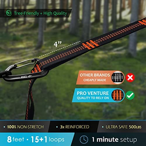 Hammock Straps and 2 Carabiners, 30+2 Loops, 1200lbs Breaking Strength (500lbs Rated) | 100% Non-Stretch, Lightweight, Portable Camping - Quick, Easy Setup | Heavy Duty + Tree Friendly