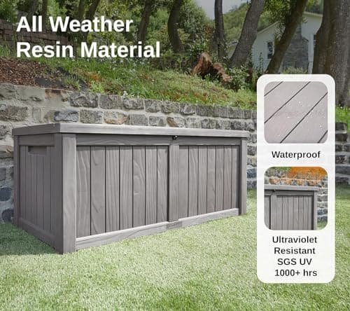 EAST OAK Outdoor Storage Box, 120 Gallon Deck Box with Stainless Steel Rods Large Resin Storage Bin for Patio Cushions, Garden Tools, Waterproof and UV Resistant, Lockable, outside storage, Grey