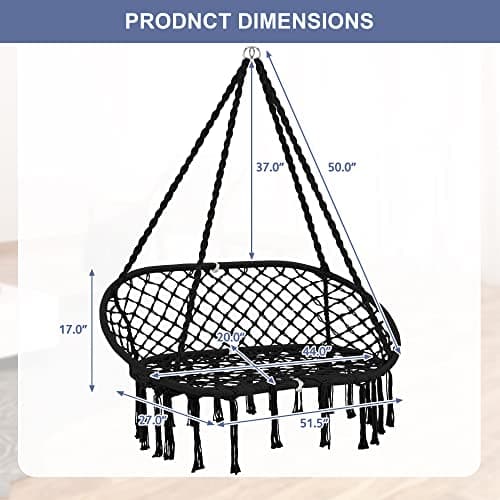 Hammock Chair Macrame Hanging Swing with Cushion,Hanging Cotton Ropes, Metal Frame, 450 lbs Capacity Indoor Outdoor, Patio, Balcony, Living,Deck, Yard, Garden(Double Swing)