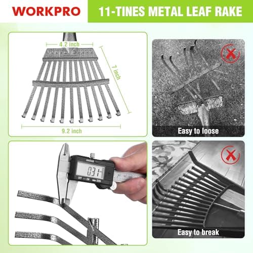 WORKPRO Rake, Small Rake for Leaves with 72” Adjustable Long Handle, 11 Steel Tines, Heavy Duty Metal Leaf Rakes for Garden, Lawn, Yard, Shrub, Flower Bed, Narrow Rakes 9" Wide Head for Tight Spaces
