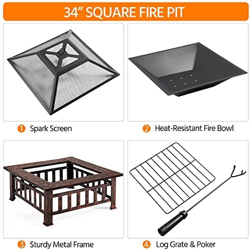 Yaheetech Fire Pit 34in Outdoor Fire Pits Fireplace Heater Stove with Screen, Waterproof Cover & Poker for BBQ Patio Bonfire