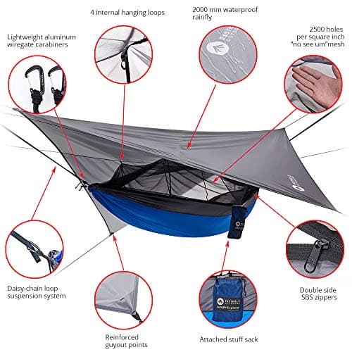 Easthills Outdoors Jungle Explorer 118" x 79" Double Camping Hammock Lightweight Rip-Stop Parachute Nylon 2 Person Hammocks with Removable Bug Net, Tree Straps and Tarp Blue