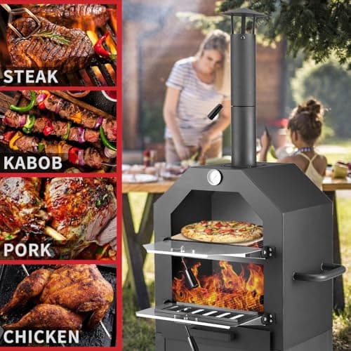 Pizza Oven Outdoor, Wood Fire Pizza Ovens for Outside, Pizza Maker with Waterproof Cover, 12" Pizza Stone, Pizza Spatula and 4pcs Grill Rack Included for Camping Backyard BBQ