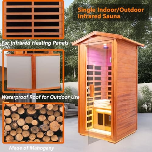 Mahogany Outdoor Sauna, 1 Person Far Infrared Sauna for Home, 1560W, with Bluetooth, LED Reading Lamp, Chromotherapy Lamp, for Indoor and Outdoor Wooden Sauna