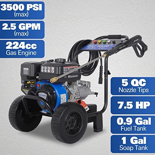 BILT HARD 3500 PSI 2.5 GPM Gas Pressure Washer, 224cc 4-Cycle Engine, Heavy Duty Gas Power Pressure Washer with Spray Gun and Wand, 5 Quick Connect Nozzle Tips, 3/5"×25' Hose, 49-State