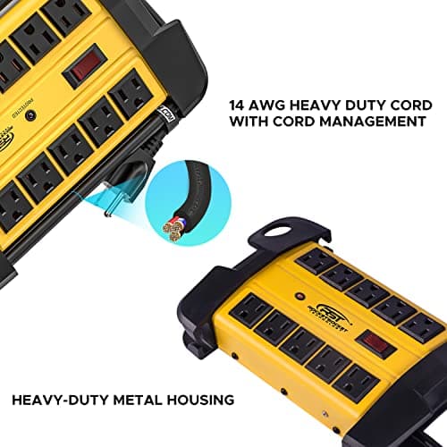 CRST 10-Outlets Heavy Duty Power Strip Metal Surge Protector with 15 Amps, 15-Foot Power Cord 2800 Joules for Garden, Kitchen, Office, School, ETL Listed(3165047) (10-Outlet, Yellow)