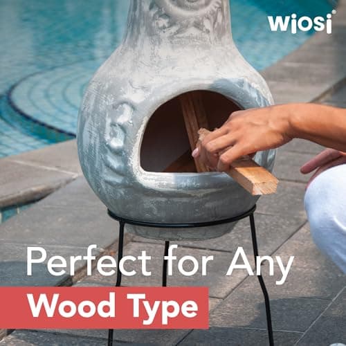 Wiosi Medium Chiminea Outdoor Fireplace Grey Clay Chimineas with Chimney Rain Lids and Solid Metal Stands - Grey Terracotta Chimenea - Rustic Fire Pit Chimnea 16 x 16 x 32-inch