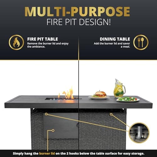 Kinger Home Novi Rattan 52-Inch Propane Gas Fire Pit Table with Rectangular Aluminum Frame - CSA Certified, 50,000 BTU Outdoor Patio Firepit, Includes Wind Guard and Fire Glass, Grey