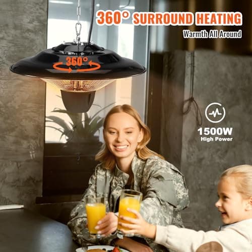 VEVOR Hanging Patio Heater, 1500W Outdoor/Indoor Electric Space Infrared Heater, IP34 Protection Ceiling Heater with 23.6 inch Pull Cord & 20 inch Adjustable Chain, for Porch,Patio,Dining Room,Studio