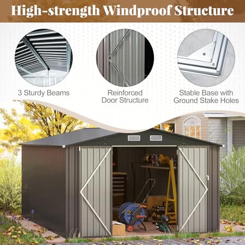 Goplus 10 x 14 FT Outdoor Storage Shed, Large Garden Tool House w/Improved Windproof Metal Structure, 4 Vents, Lockable Door, Waterproof Utility Tool Organizer for Backyard, Lawn, Patio