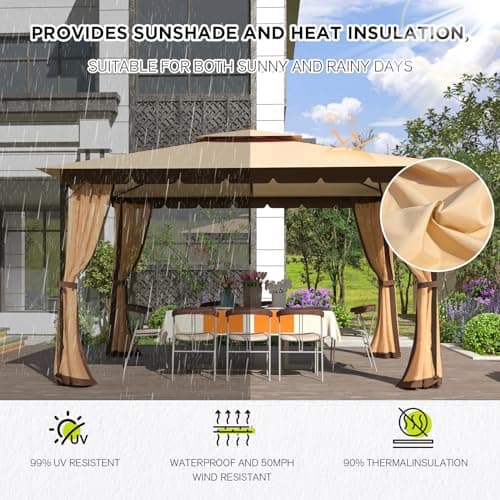 [New-Gen] Outdoor Patio Gazebo10x12,Gazebo with Mosquito Netting[Sturdy Metal Heavy Duty Frame],Outdoor Canopy Gazebos with Double Air Roofs,Outdoor Gazebo Tent,Waterproof Sunshade for Backyard/Deck