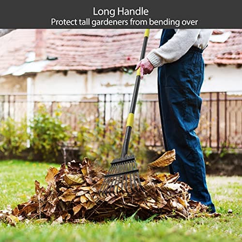 Oliynedy Leaf Rake for Gardening, Adjustable Metal Garden Rake for Leaves Long Handle 30-60", 11 Tines 9" wide Small Lawn Collapsible Yard Adult Kids Rake for Camping Flower Beds Mulch Shrub