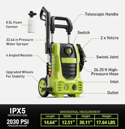 Electric Pressure Washer, 26 FT Hose Pressure Cleaner 2030 PSI with 4 Nozzles Tips,Surface Cleaning with Upgraded Swivel Joint for Car/Fences/Patios/Daily Needed (Mint Green)