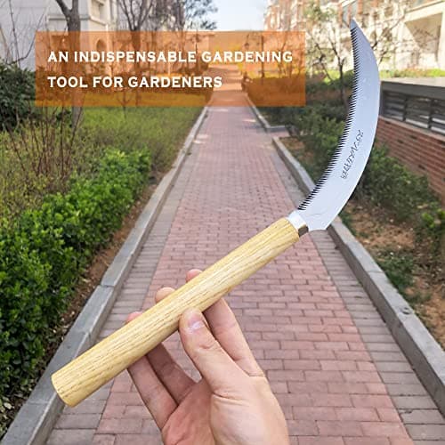 SHANFEEK Grass Sickle with Sawtooth Japanese Weeding Hoe Weeding Tools for Garden High Toughness Stainless Steel with Hard Solid Wood Handle(Yellow)