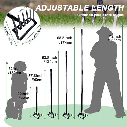 6-Tines Rake and Stirrup Hoe - Adjustable Long Handle Scuffle Loop Hula Action Hoe for Weeding, Digging, Loosening Soil, Stainless Steel Tiller Cultivator for Gardening, Raised Flower Beds Planting.