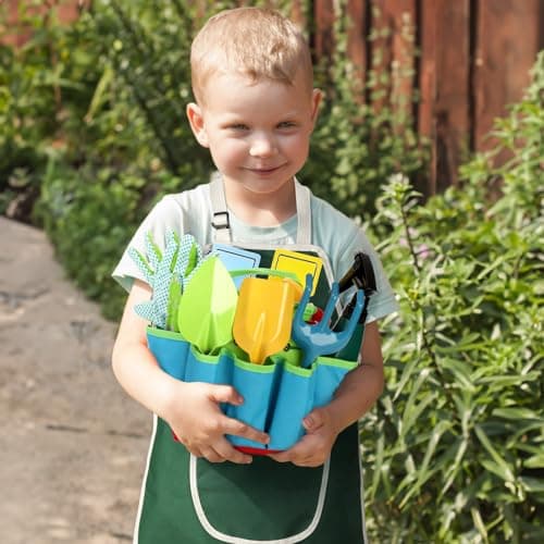 9PCS Kids Garden Tools Set,Boys Girls Gardening Kit Tools Including Watering Can, Spray Bottle, Tote Bag, Apron, Trowel, Rake, Outdoor Garden Toy Gift for Beach
