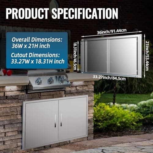 Outdoor Kitchen Door 36" W x 21" H 304 Brushed Durable Stainless Steel BBQ Access Doors with Detachable Handles for BBQ Island, Grill Station, and Outdoor Cabinets