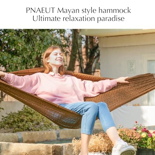 PNAEUT Mayan Hammock, Handwoven XL Thick Soft Rope Hammocks for Outdoor Indoor, Max 600 lbs Capacity, Tree Straps & Carabiners Included (Desert)