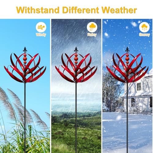 LimeHill Wind Spinner for Garden and Yard - Large Metal Kinetic Wind Sculptures for Outdoor Decor (91 Inches, Burgundy Lotus)
