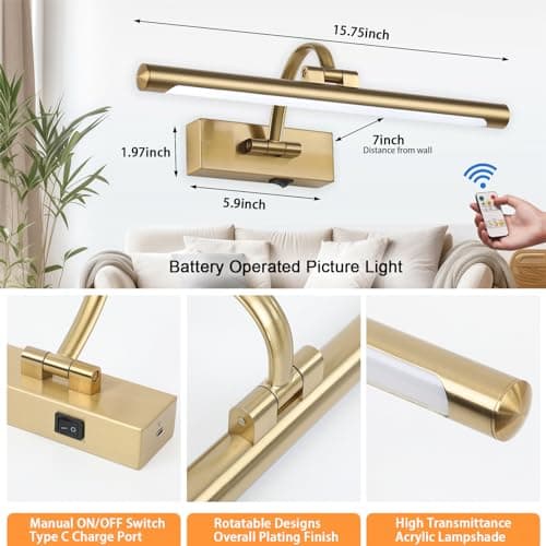 Wireless Picture Lights for Wall Rechargeable, Battery Operated Art Light for Paintings, 3CCT Dimmable, 15.7" Brass Finish with Remote, Rotatable Gallery Light for Pictures Display