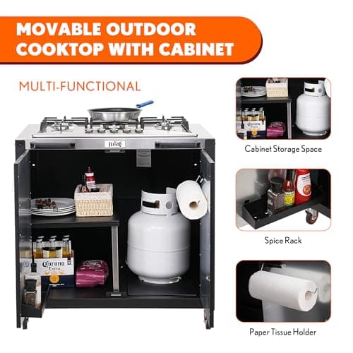 Gas Grill, Movable Outdoor Gas Stove Stainless Steel Top with Cabinet, 5 Burners with 36,200 BTUs, Outdoor Propane Grill for Outdoor Cooking, Ideal for Lawn & Garden, L35.4” x W24”