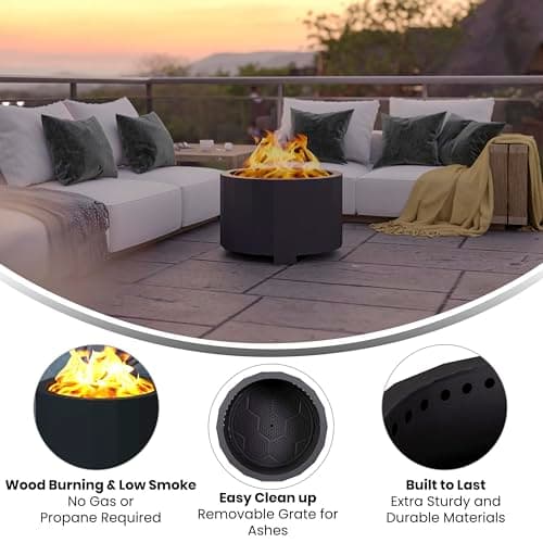 Flash Furniture Titus Commercial Grade Wood Burning Smokeless Outdoor Firepit - Black Finish - 27 inches - Portable - Waterproof Cover