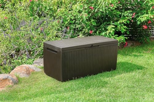 Keter Springwood 80 Gallon Resin Outdoor Storage Box for Patio Furniture Cushions and Garden Tools with Handles, Brown