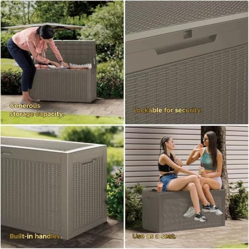 100 Gallon Lockable Resin Deck Box, Waterproof & UV-Resistant Outdoor Storage Box for Cushion Storage and Outdoor Delivery Storage,Coffee