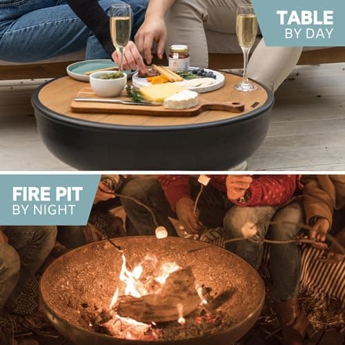 Cast Iron Fire Pit Table with Lid, Extra Thick and Heavy Duty Fire Bowl, Deep Round Firepit for Outdoor Bonfire Gatherings, Wood Burning Firepits for Outside Patio, Modern Outdoor Fire Pits