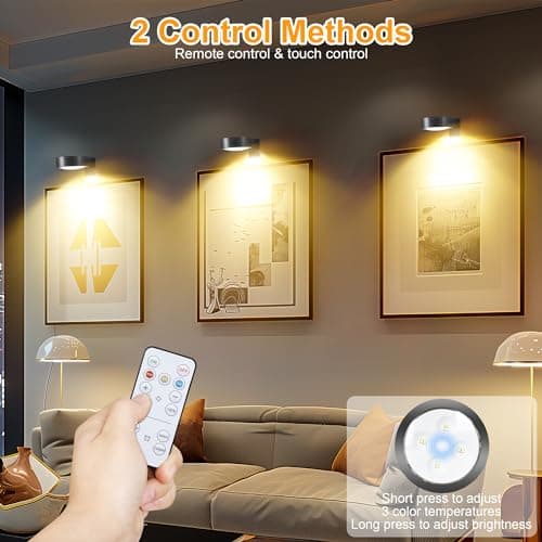 3Pcs Picture Lights for Wall Battery Operated, Magnetic Led Painting Light with Remote Dimmable and Timer, 3 Lighting Modes Art Display Light for Picture Frame, Wireless Wall Decor Puck Lights, Black
