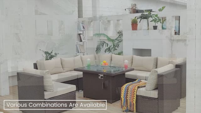 BULEXYARD 9 Piece Highback Patio Furniture Set with Fire Pit Table, Modern Modular Outdoor Sectional Couch Sofa with Ottoman, 8-Seater Backyard Seating for Exterior, Deck, Brown Wicker & Beige Cushion