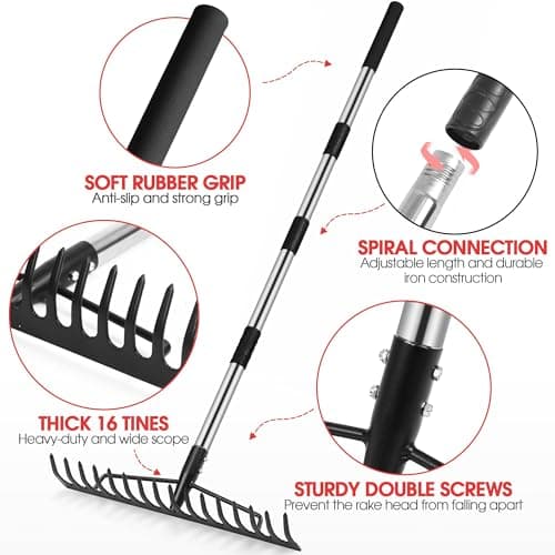 5.2FT Garden Rake, 16 Tines Metal Rakes with Adjustable Stainless Steel Handle, Bowrake for Lawns Heavy Duty Loosening Soil Farming Land Management, Gathering Leaf Yard Rake with Gloves