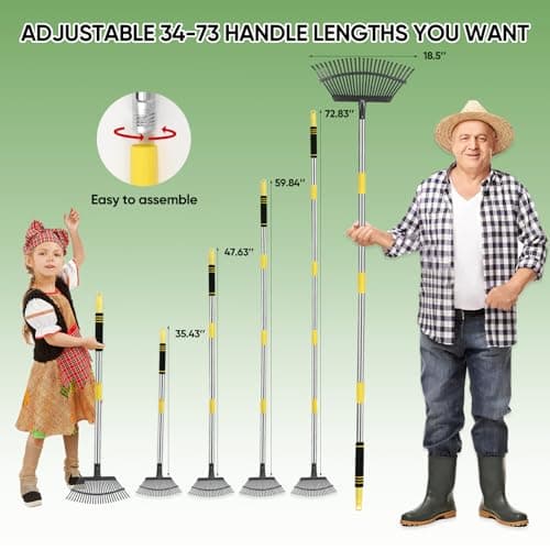 Rake Heavy Duty 6FT Long Garden Rake , 18.5 Inch Wide, 25 Metal Tines, Adjustable Stainless Steel Handle, Leaf Rakes for Leaves, Yards, Grass, Garbage, Weeds, Debris (Yellow)