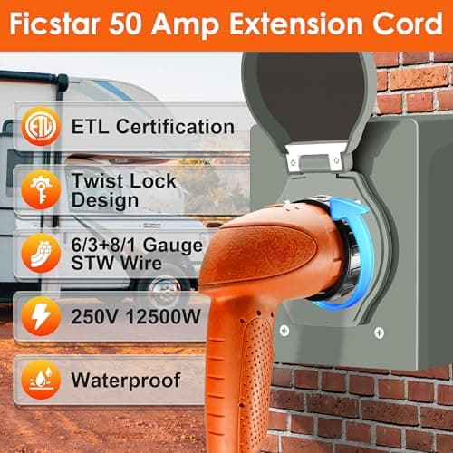 50 Amp RV Extension Cord 10 ft, Heavy Duty 6/3+8/1 SJTW AWG RV Power Cord with Grip Handle Twist Lock, NEMA 14-50P to SS2-50R with Polarity Lamp