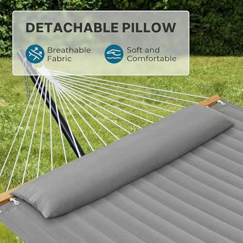 SUPERJARE Hammock with Stand, 2 Person Quilted Outdoor Hammock, Detachable Pillow & Bamboo Spreaders, Portable Hammock with Carrying Bag, Heavy Duty Stand, Perfect for Outside, Patio, Gray
