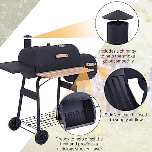 Outsunny 48" Portable Barrel Charcoal BBQ Grill, Steel Outdoor Barbecue Smoker with 232 Square Inches Cooking Space, Storage Shelf, Wheels for Garden Camping Picnic, Black