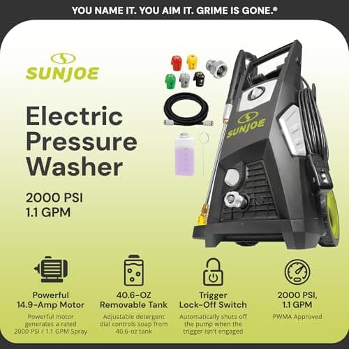 Sun Joe Electric Pressure Power Washer, 2000 PSI (PWMA Certified), 1.1 GPM, Dual Soap Tanks, SPX3500 (35-FT GFCI Water-Safe, Power Cord)