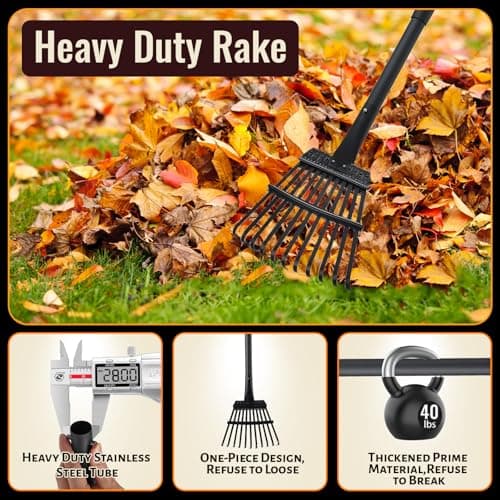 Small Garden Rake for Leaves,11 Tines Heavy Duty Metal Yard Hand Rake with 63in Long Adjustable Handle, Ideal Leaf Scoops Garden Tool for Gathering Leaves, Shrub,Poop, Leveling Grass,Flower Beds,Yards