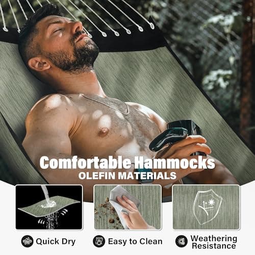 Patio Watcher 13 FT Quick Dry Olefin Hammock - Outdoor Double Hammock with Metal Curved Spreader Bars - 450 lbs Capacity - Dark Green