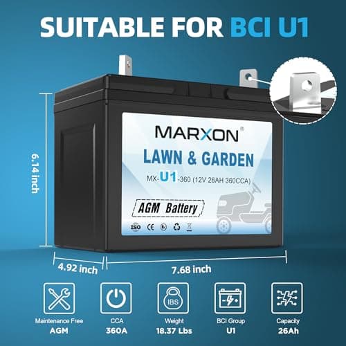 MARXON U1 360CCA Riding Lawn Mower Batteries, Garden Tractors Battery Maintenance Free AGM Battery, Compatible with Troy-Bilt, Toro, Cub Cadet, Craftsman, Ariens, Poulan Pro