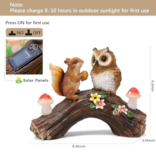 Solar Owl Garden Statues Outdoor Decor Resin Owl Squirrel Figurine with Mushroom Lights for Patio Lawn Yard Decorations Christmas Housewarming Gardening Gifts for Women Mom