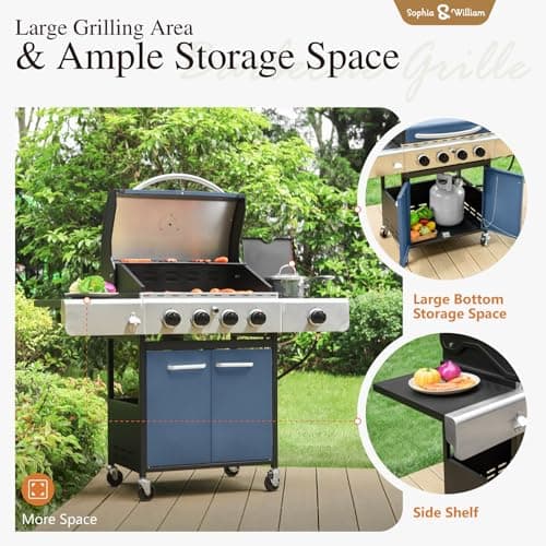 Sophia & William 4-Burner Gas BBQ Grill with Side Burner and Porcelain-Enameled Cast Iron Grates, 42,000BTU Propane Grills Outdoor Cooking Barbecue Cabinet Style, Blue