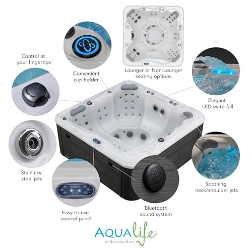 Destination Outdoor Hot Tub, 5-Person 59-Jet 80-Port 4-Pump Lounger Spa with Waterfall Arch and Bluetooth Stereo by Aqualife by Strong Spas